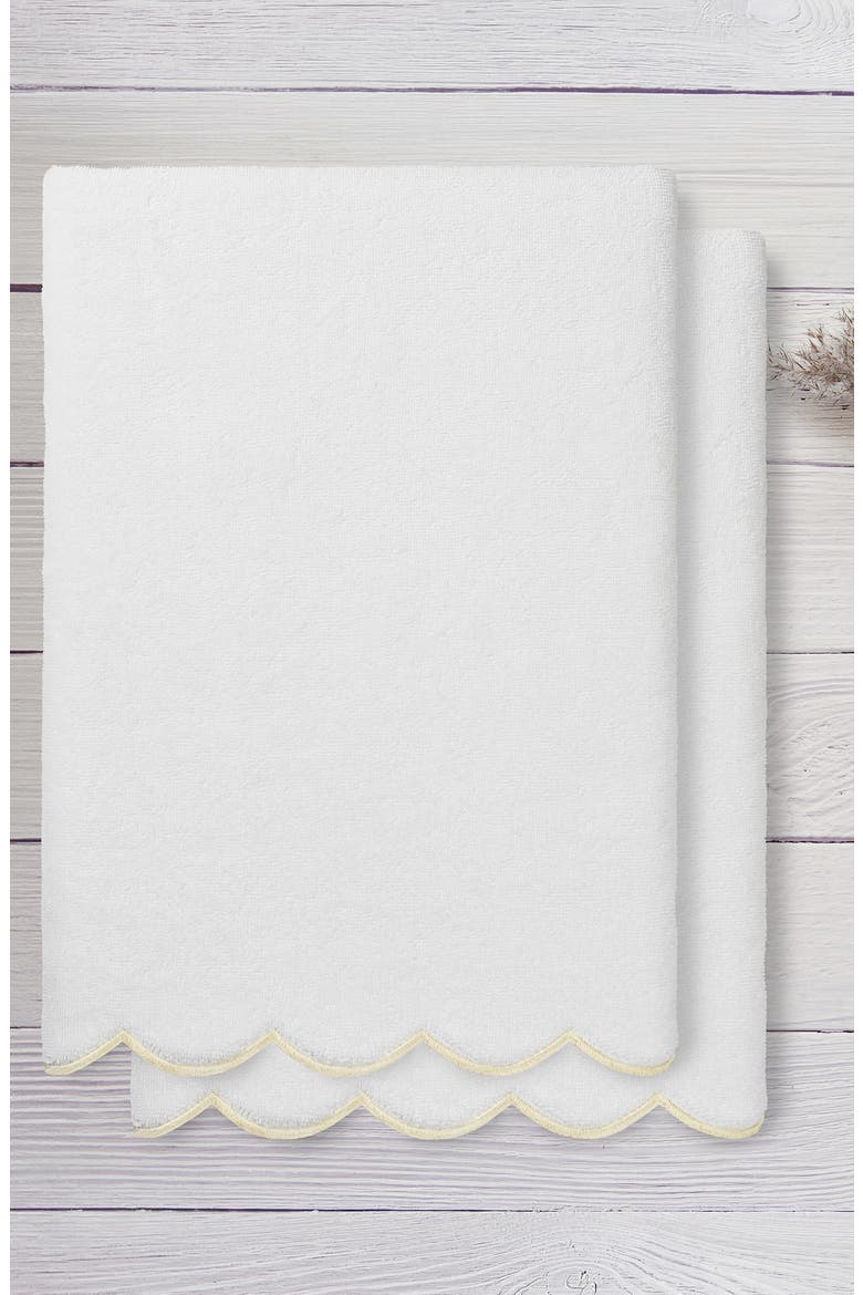 Adornia Scallop Set of 2 Bath Towels, Alternate, color, WHITE/ BEIGE