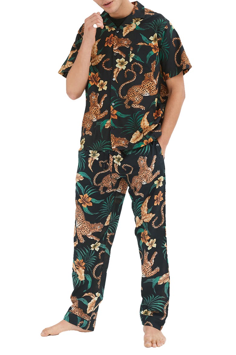 Cheetah Print Short Sleeve Cotton Pajamas, Main, color, BLACK/ YELLOW