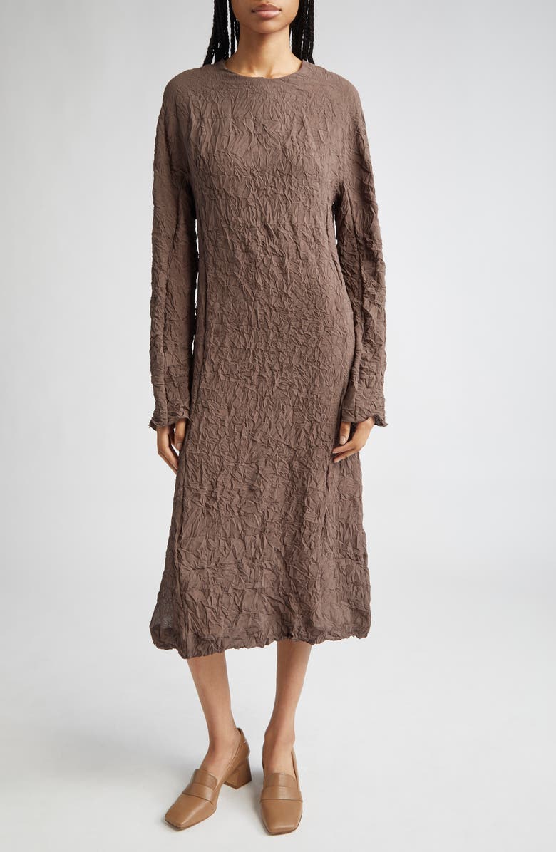 TEURN STUDIOS Long Sleeve Crinkle Midi Dress, Main, color, Brown
