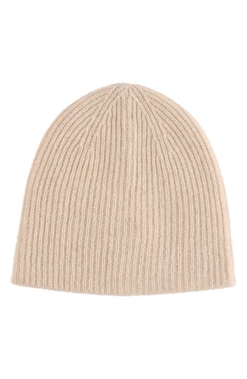 Amicale Cashmere Double Layer Rib Knit Beanie In Brown