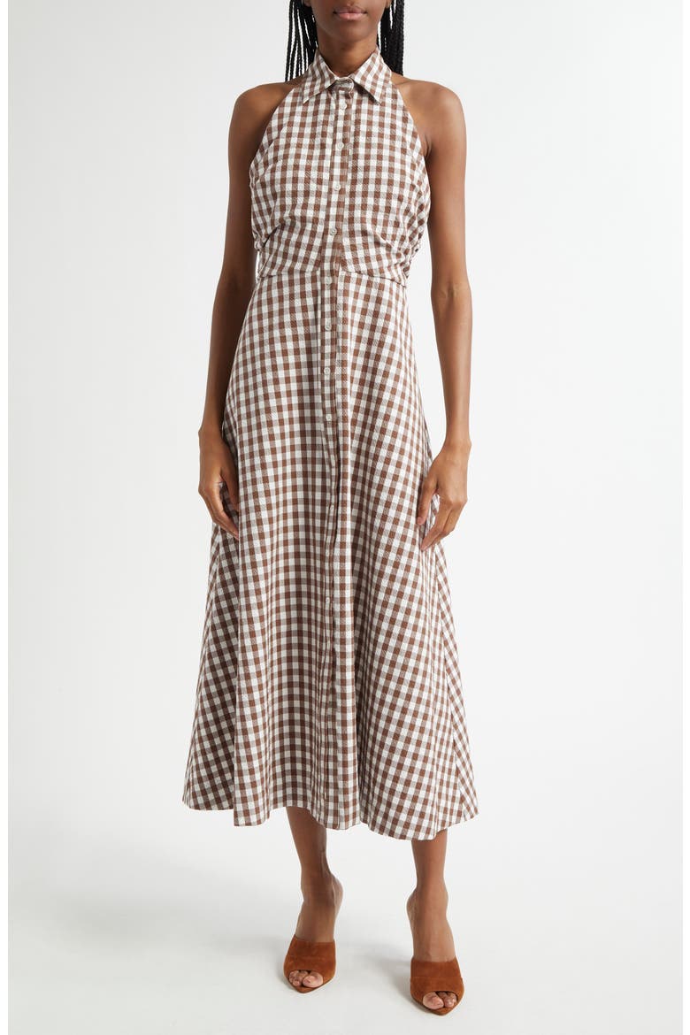 Mackey Gingham Halter Neck Stretch Cotton Dress, Main, color, LIGHT CHICKORY DOVE