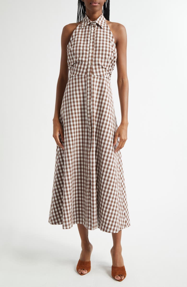 Veronica Beard Mackey Gingham Halter Neck Stretch Cotton Dress, Main, color, Light Chickory Dove