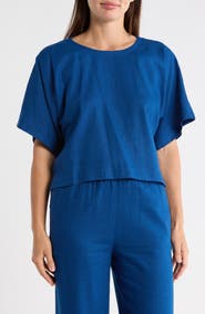DKNY Boxy Short Sleeve Linen Blend Top