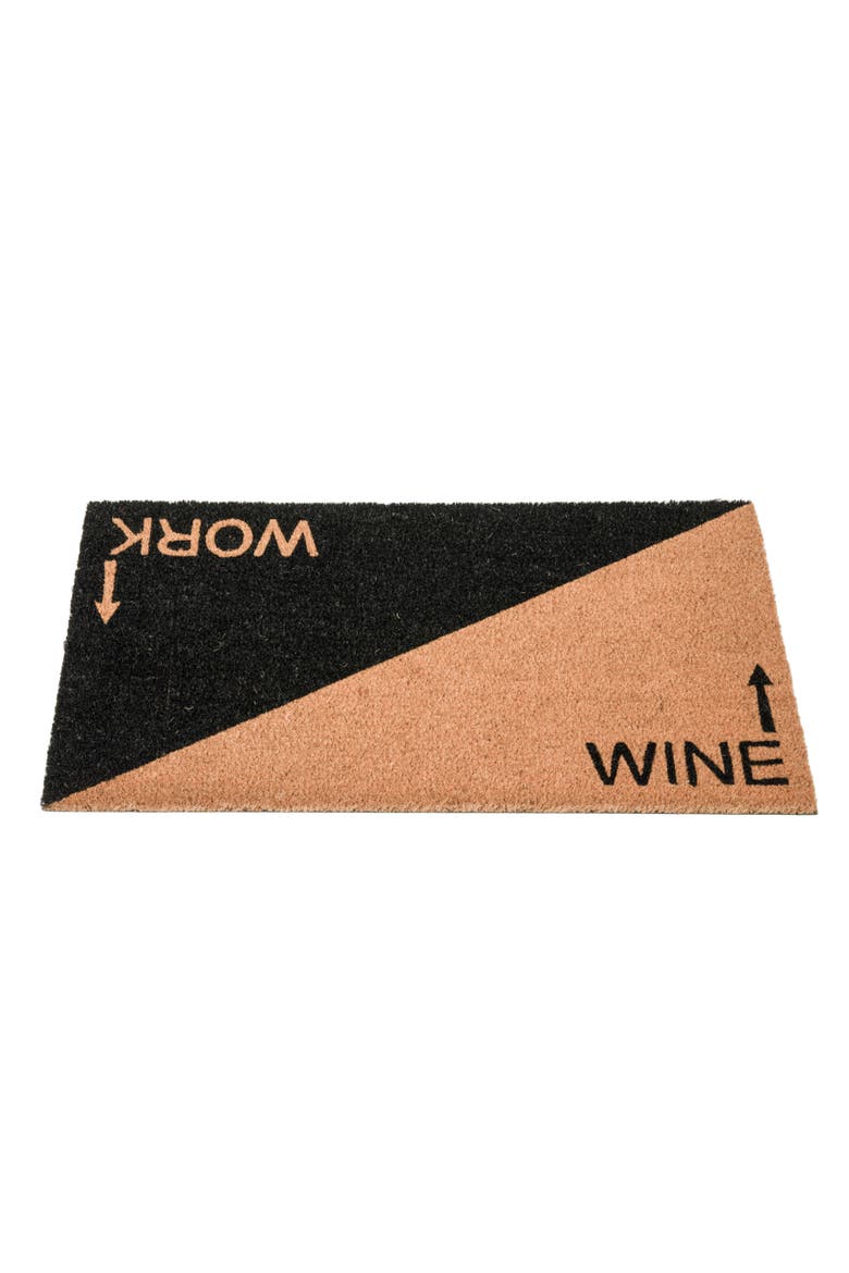 Printed 2-Tone Coir Doormat with "Work" and "Wine" Message and PVC Back, Natural and Black, Alternate, color, Multicolor