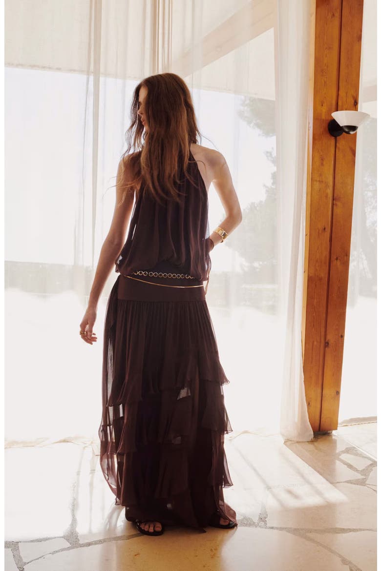 Ruffled High Neck Dress, Alternate, color, BROWN