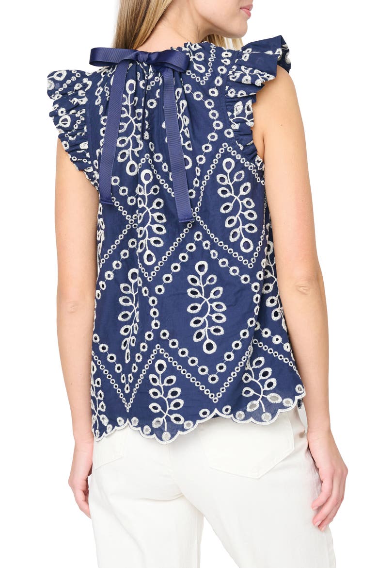 Ribbon Detail Flutter Sleeve Top, Alternate, color, NAVY EYELET