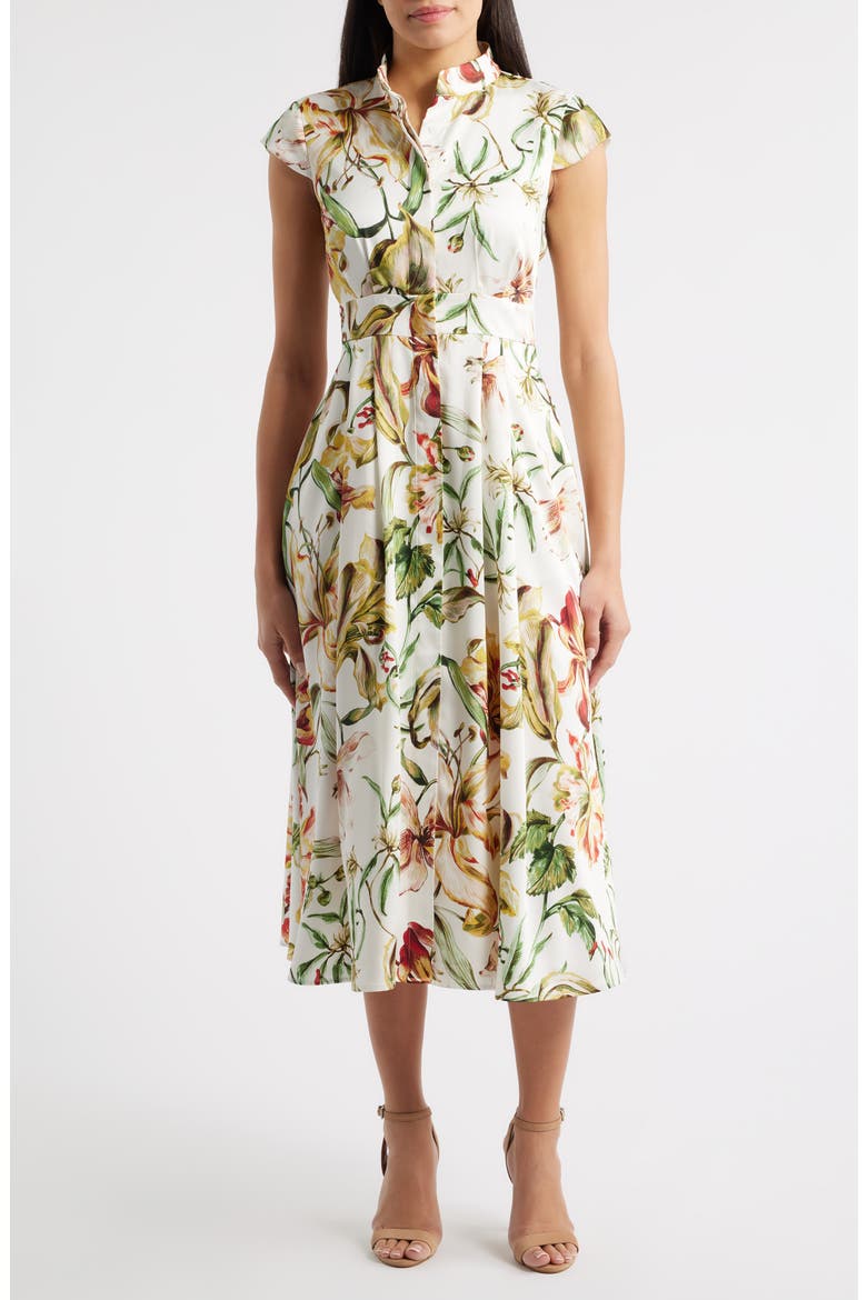 Floral Cap Sleeve Shirtdress, Main, color, IVORY MULTI