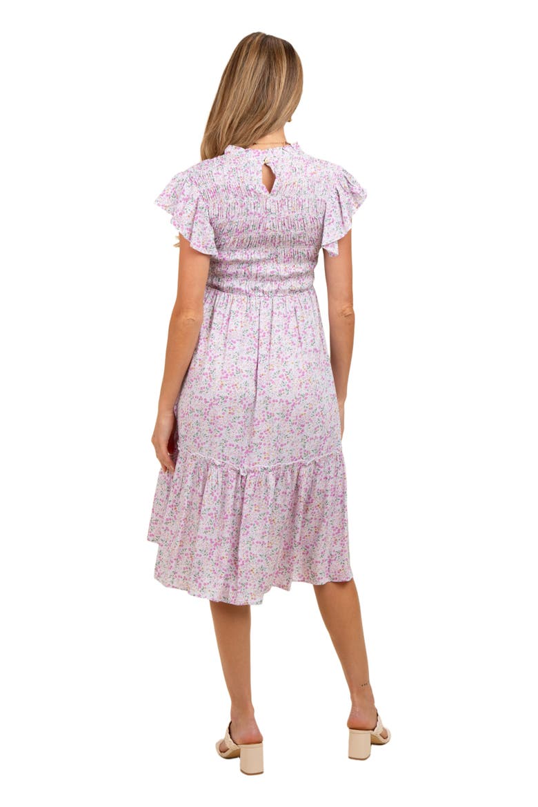 Floral Mock Neck Smocked Ruffe Sleeve Midi Dress, Alternate, color, Pink