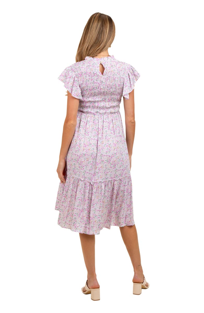 PinkBlush Floral Mock Neck Smocked Ruffe Sleeve Midi Dress, Alternate, color, Pink