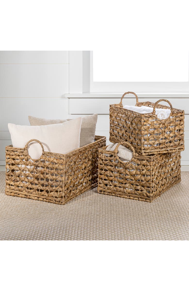 HAPPIMESS Quinn Bohemian Cottage Woven Hyacinth Rectangular Storage Baskets with Handles,, Main, color, Natural