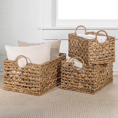 Quinn Bohemian Cottage Woven Hyacinth Rectangular Storage Baskets with Handles, (Set of 3)