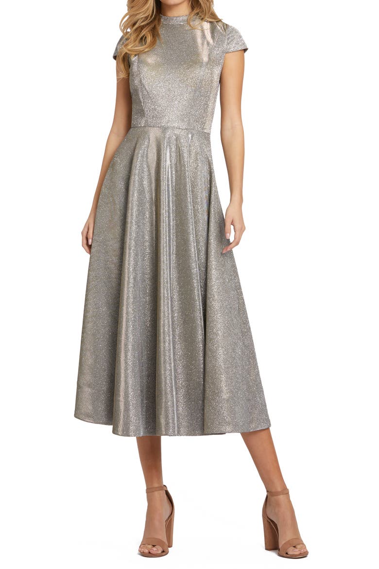 Sparkle Pleated Cap Sleeve Midi Fit & Flare Dress, Main, color, SILVER