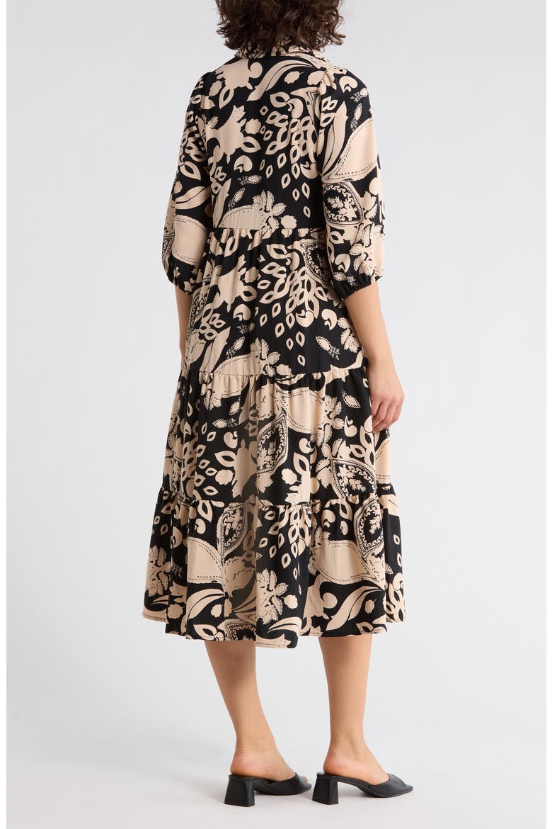 Three-Quarter Sleeve Tiered Dress, Alternate, color, BLACK/ TAN