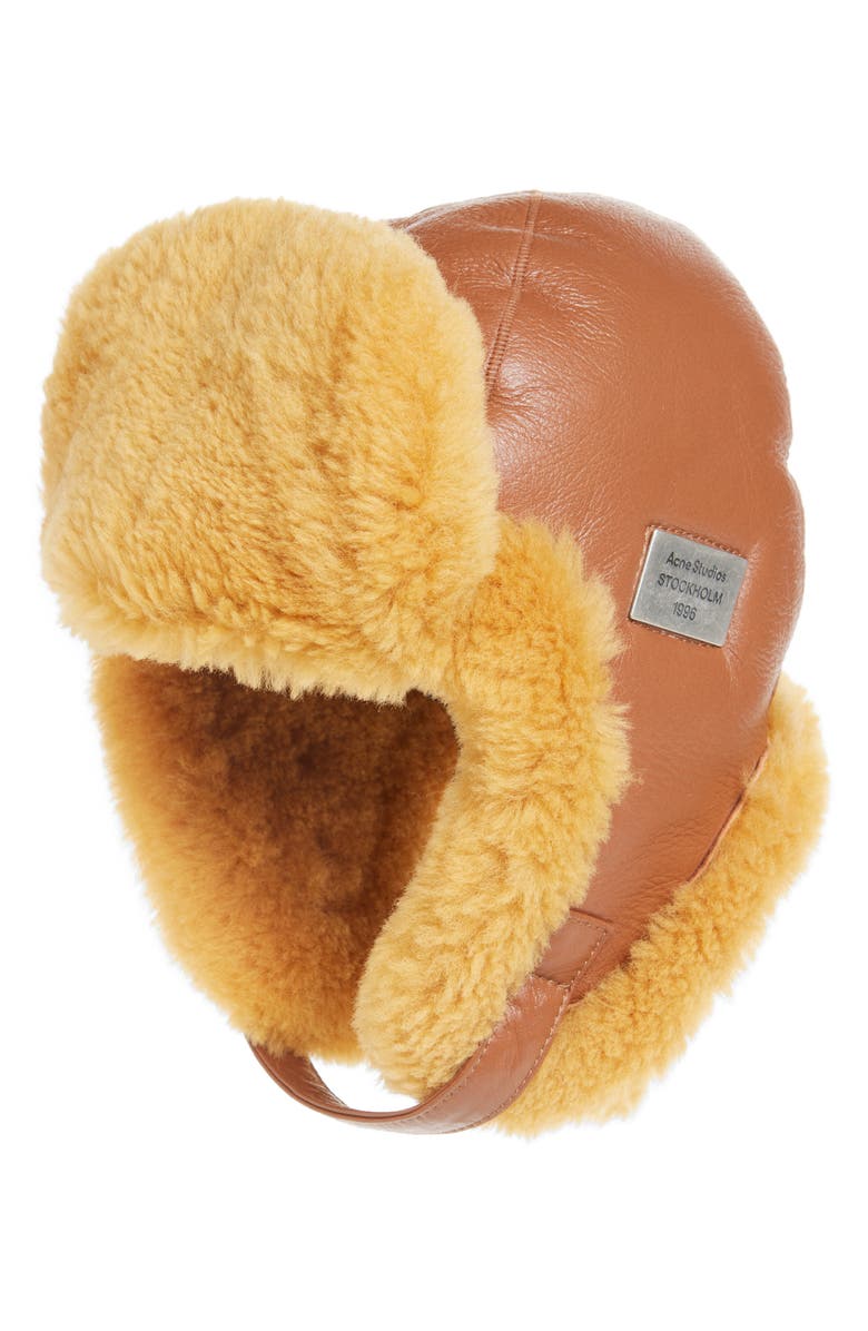 Acne Studios Belmet Leather & Genuine Shearling Hat, Main, color, Rust Brown