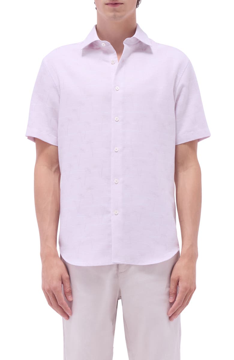 Bugatchi Orson Palm Tree Pattern Solid Short Sleeve Cotton & Linen Button-Up Shirt, Main, color, Dusty Pink