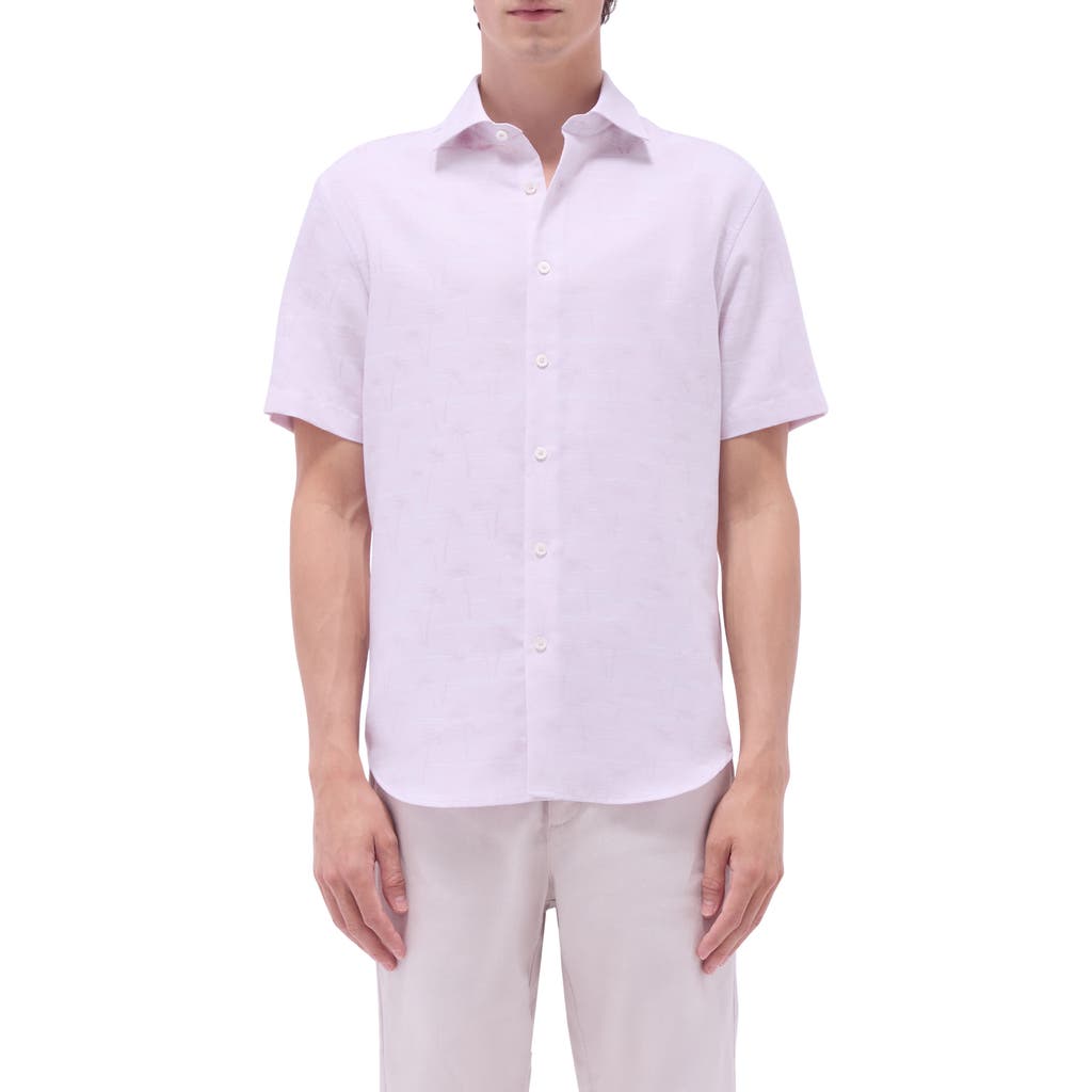 Bugatchi Orson Palm Tree Pattern Solid Short Sleeve Cotton & Linen Button-up Shirt In Dusty Pink