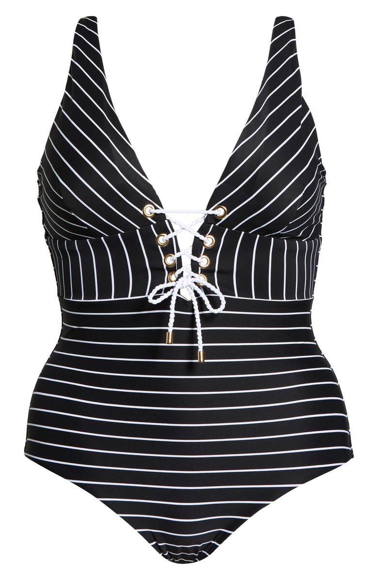 Sea Level Lace-Up Stripe One-Piece Swimsuit, Alternate, color, 