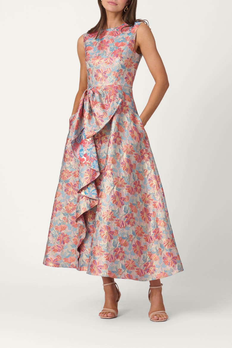 Midnight Vineyard Floral Jacquard Lena Dress, Main, color, Coral Multi