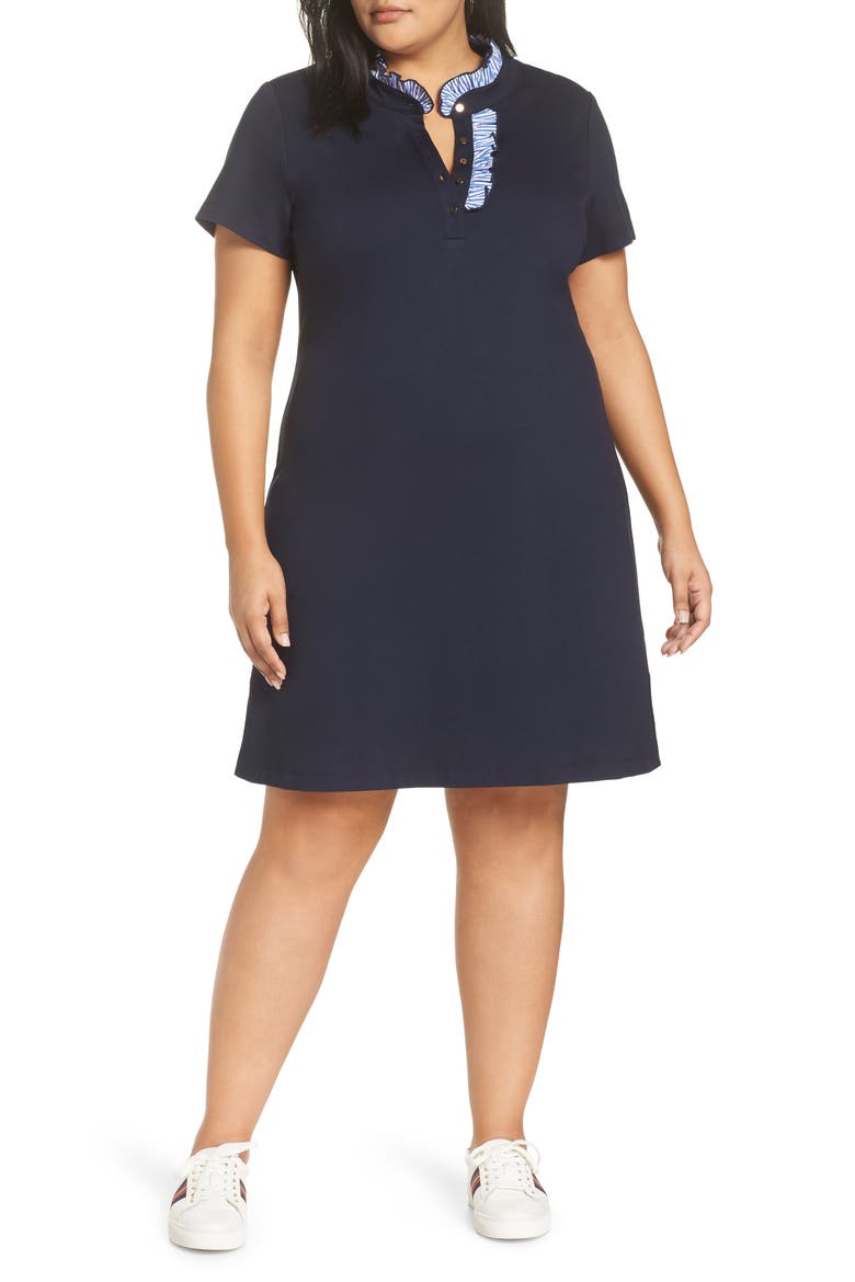 Ruffle Trim Polo Dress, Main, color, NAVY
