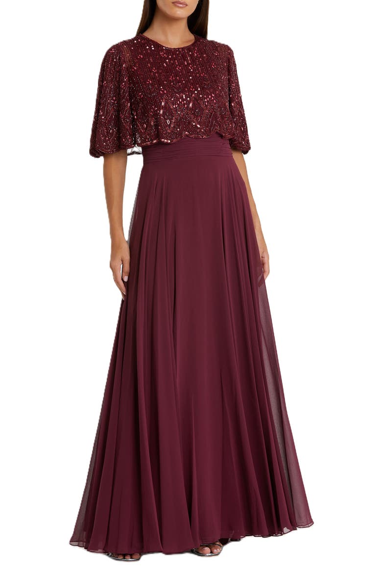Sleeveless Caped Beaded Overlay A-Line Gown, Main, color, AUBURGINE