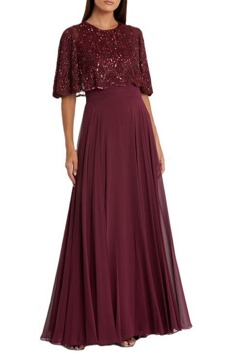Sleeveless Caped Beaded Overlay A-Line Gown