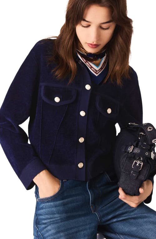 Maje Womens Navy Button-down Cropped Stretch-velvet Jacket In Blue