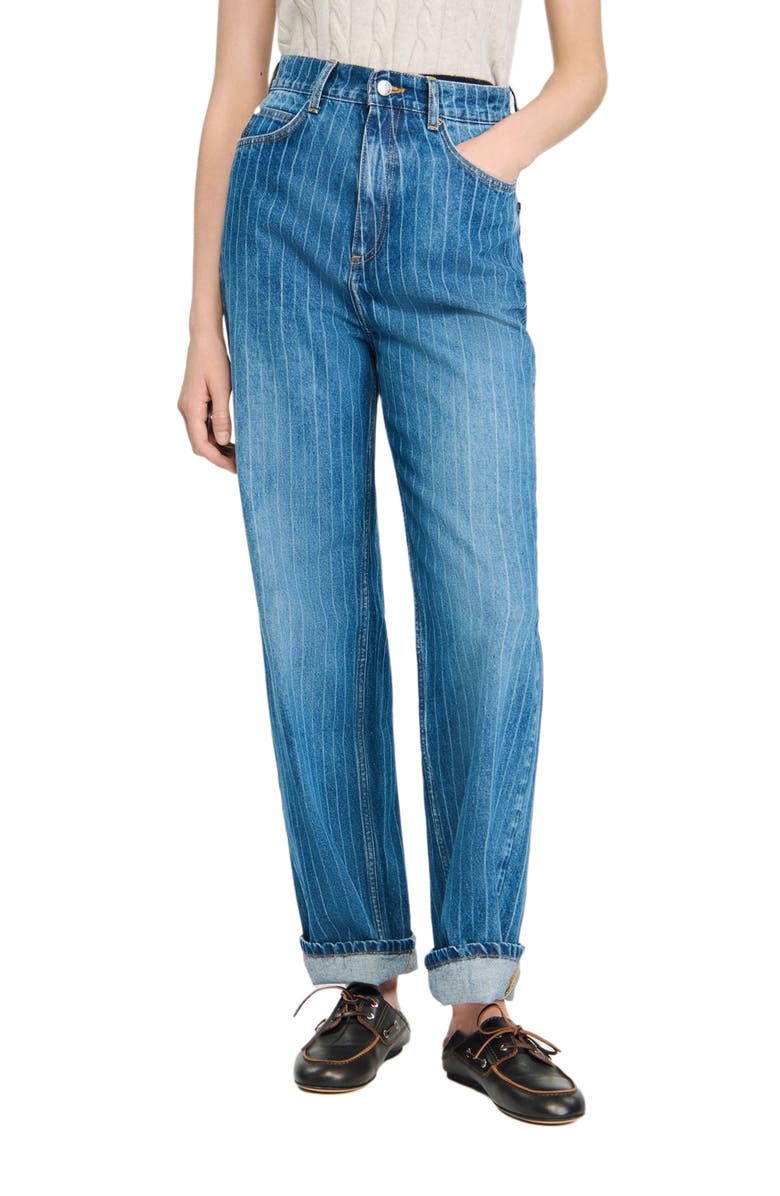 SANDRO Wide-leg pinstriped jeans, Main, color, Blue Jean