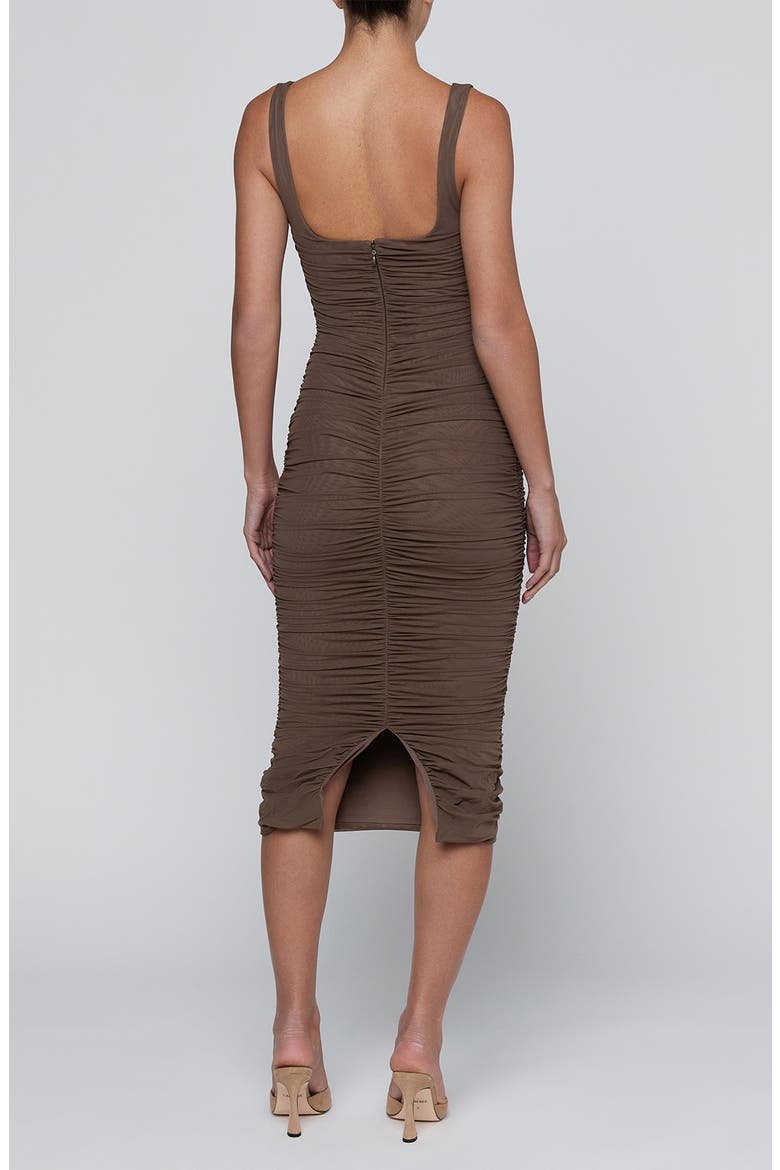 Anya Shirred Midi Dress, Alternate, color, DARK CARDAMOM