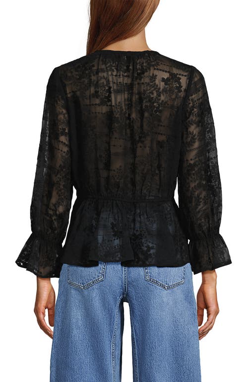 Lands' End Feminine Ruffle Chiffon V Neck Blouse In Black