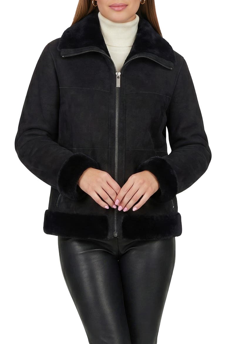 Merino Genuine Shearling Zip Jacket, Main, color, BLACK