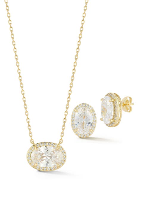 Oval Cubic Zirconia Pendant Necklace & Earrings Set