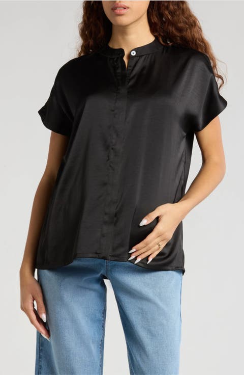 Women's Short Sleeve Satin Maternity Shell Top with Concealed Nursing Zip