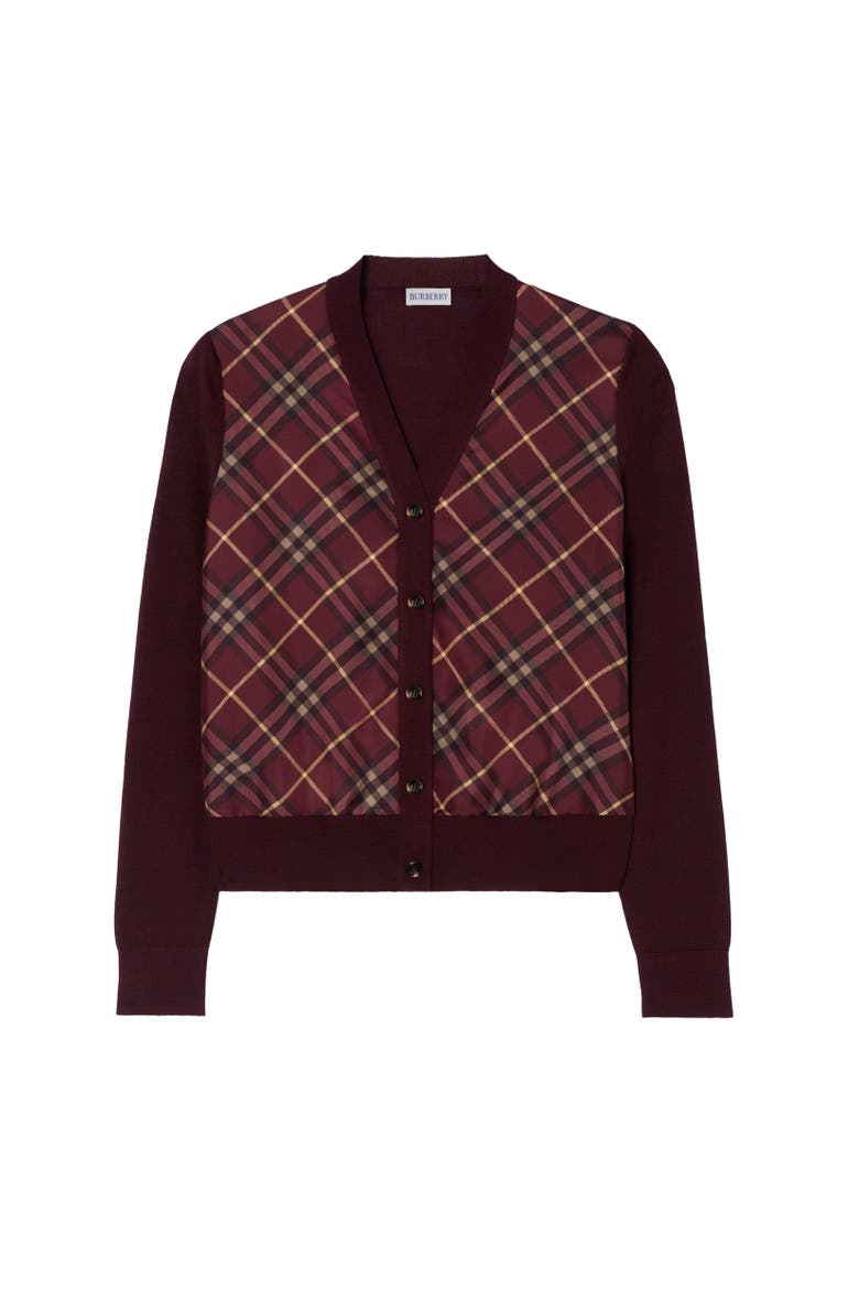 Check Panel Wool Silk Cardigan, Alternate, color, Vineyard red