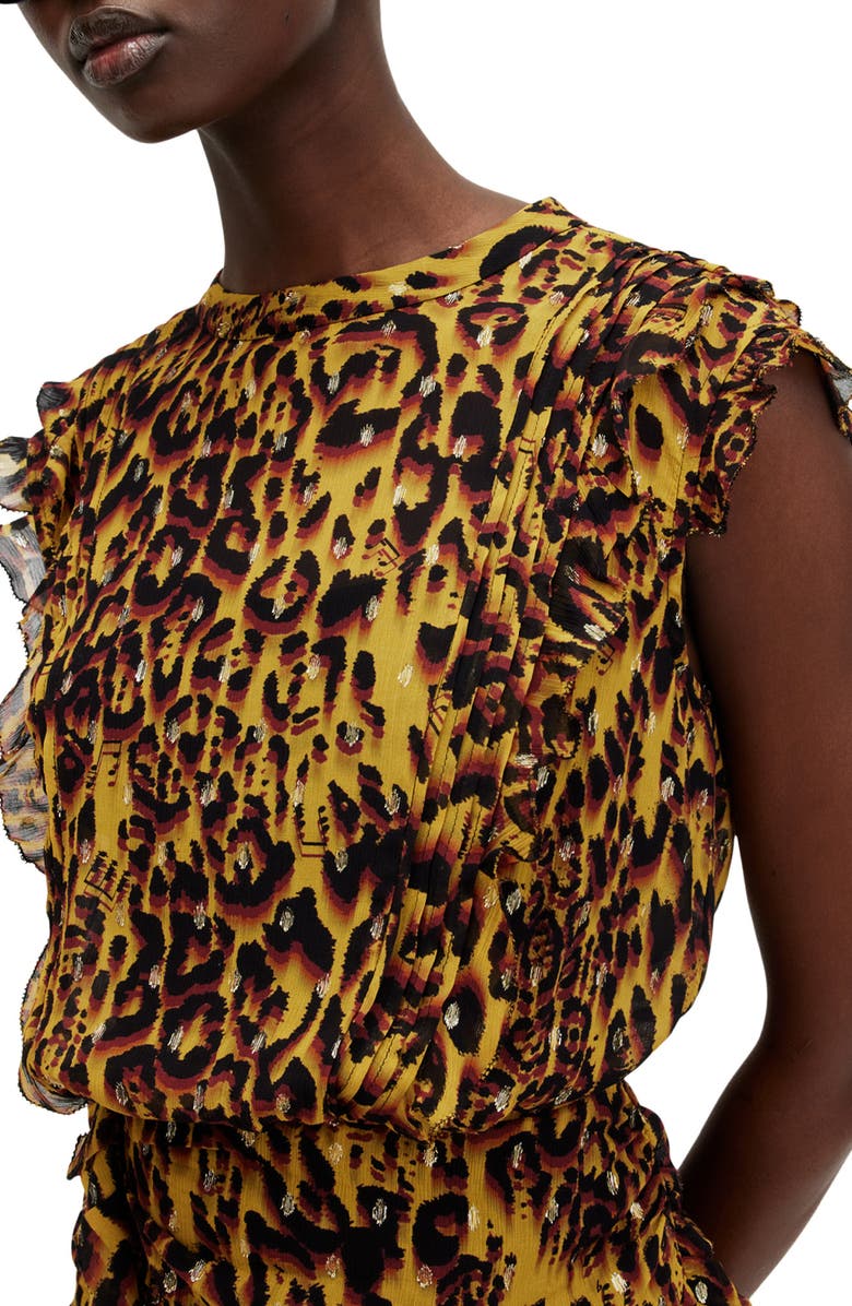 AllSaints Hali Pleated Leopard Spot Cap Sleeve Dress, Alternate, color, Teresa Deep Yellow