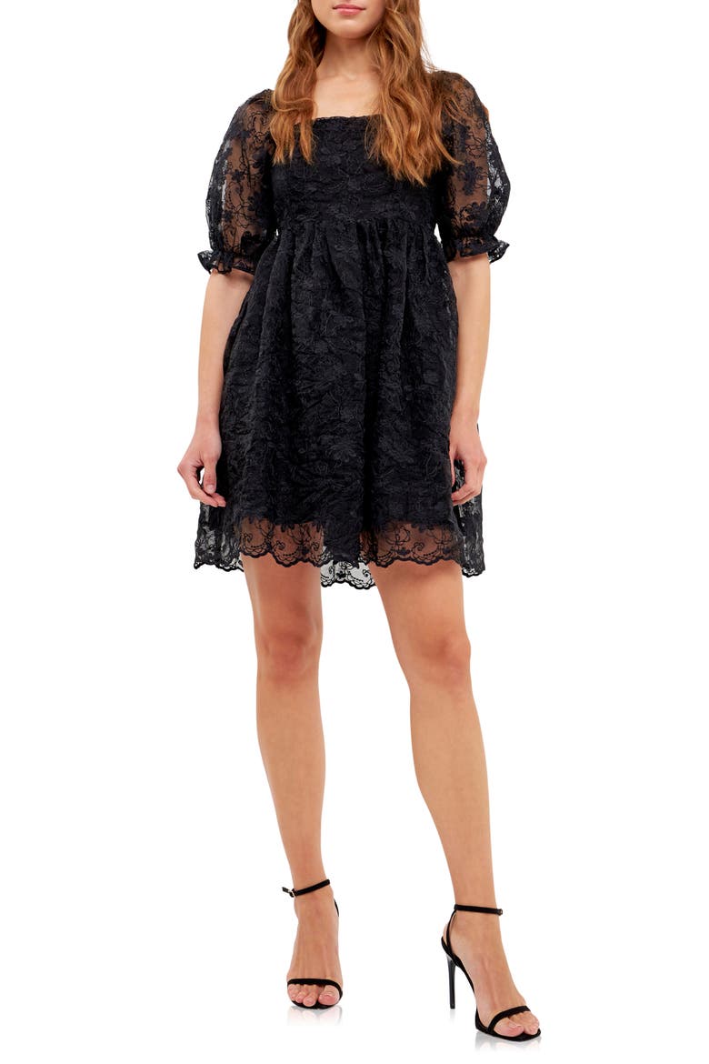 Floral Embroidered Puff Sleeve Babydoll Dress, Main, color, BLACK