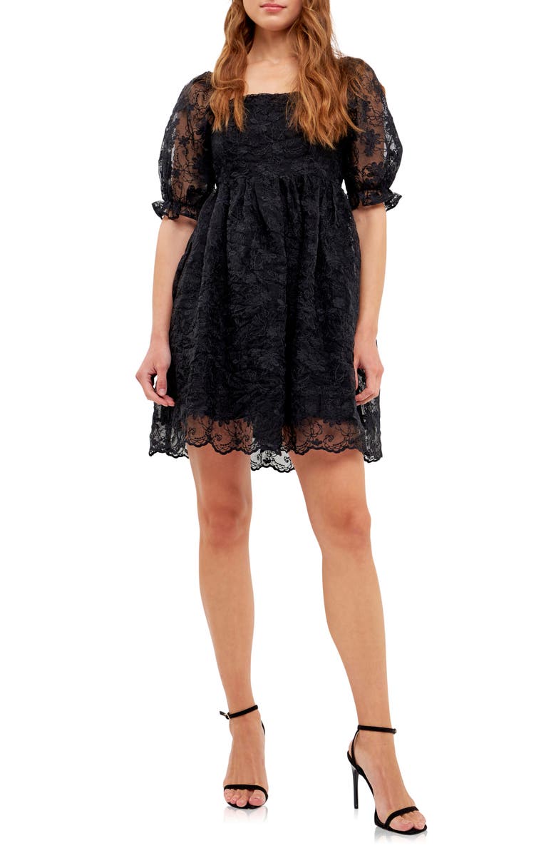 Endless Rose Floral Embroidered Puff Sleeve Babydoll Dress, Main, color, Black