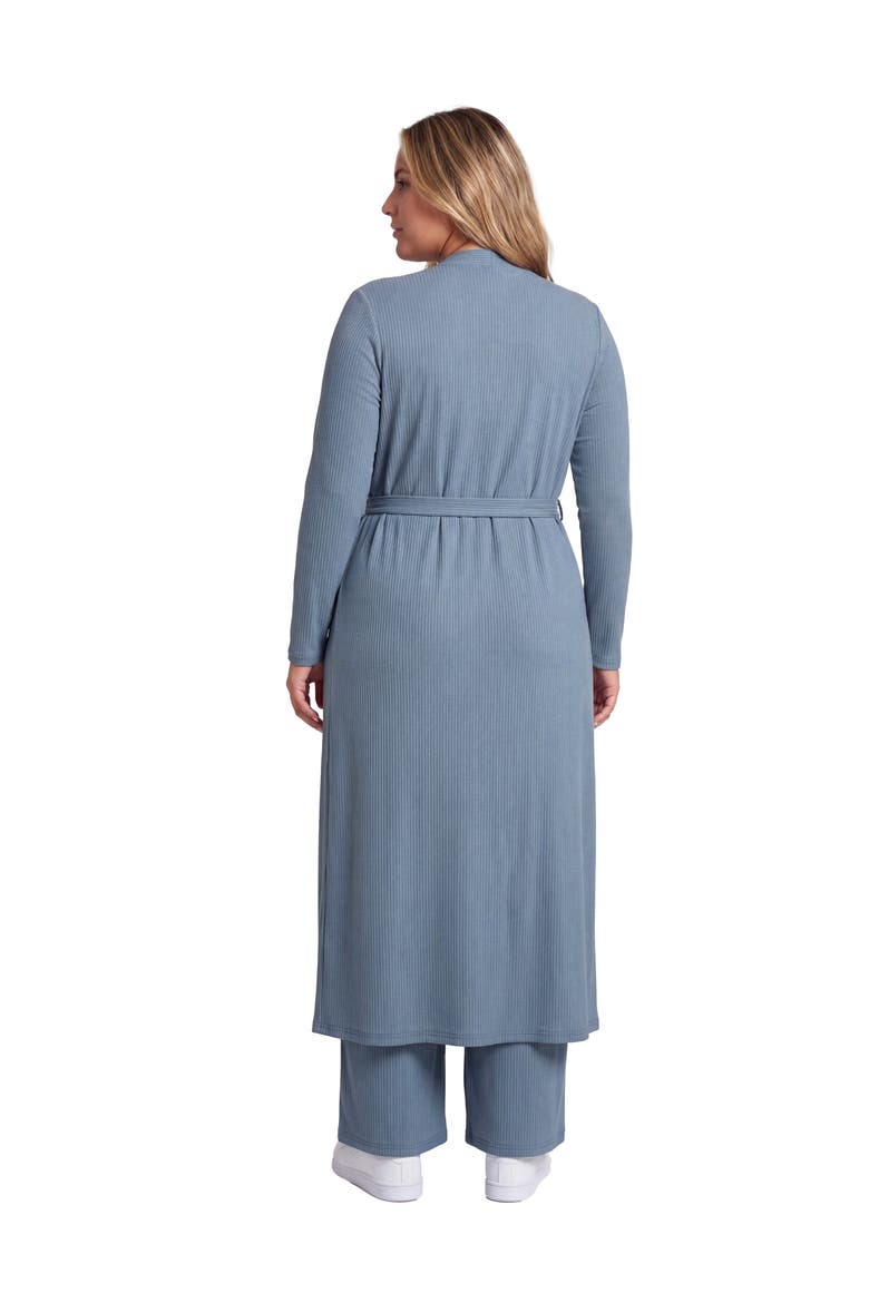 Curvy Basic Long Sleeve Tie Waist Soft Jacket and Elastic Waist Wide Leg Pant Set, Alternate, color, Blue