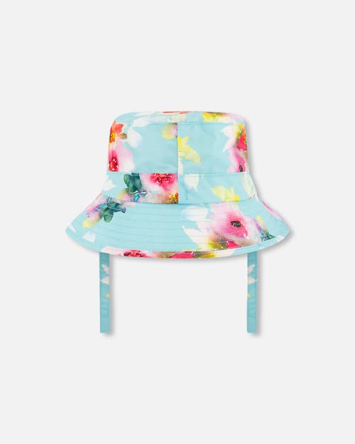 Deux Par Deux Baby Girl's Printed Beach Sun Hat Turquoise And Pink Flowers In Turquoise And Pink Flowers