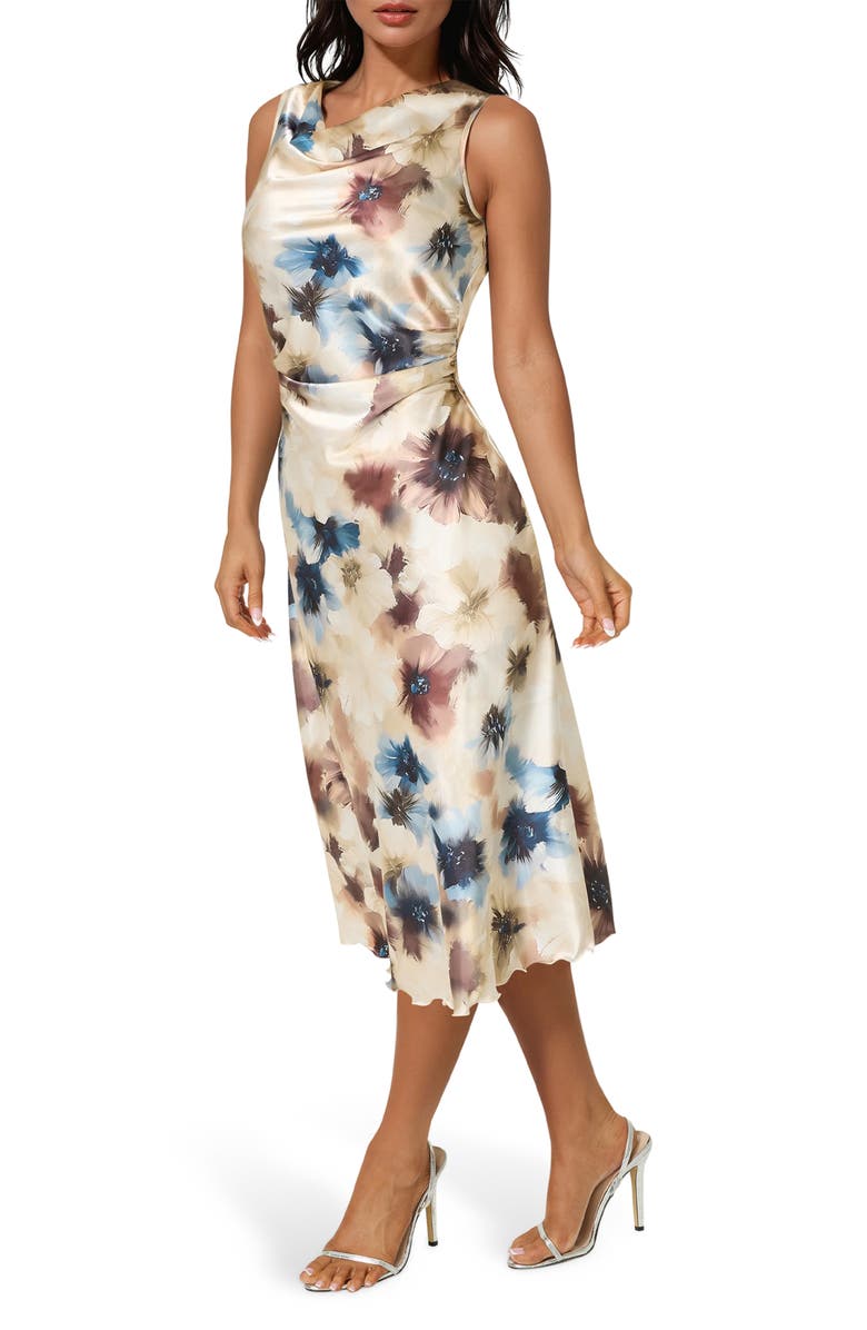 bebe Floral Cowl Neck Sleeveless Satin Midi Dress, Alternate, color, Blue / Tan