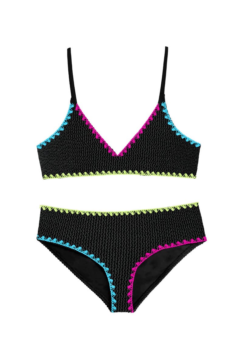 Crinkle Triangle Bikini Swimsuit with Embroidered Trim, Main, color, Black/White