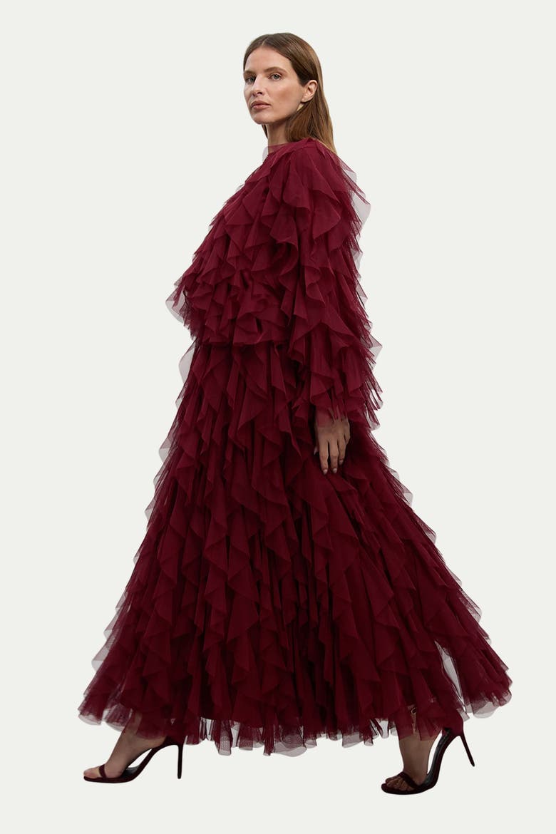 Tulle Ruffle Detail Woven Jacket, Alternate, color, Cabernet