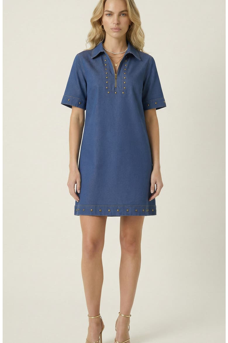 Studded Half-Zip Collared Denim Mini Dress, Main, color, Mid-Wash Blue