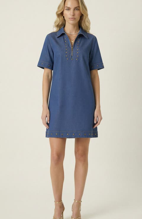 Studded Half-Zip Collared Denim Mini Dress