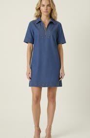 Modenaire Studded Half-Zip Collared Denim Mini Dress
