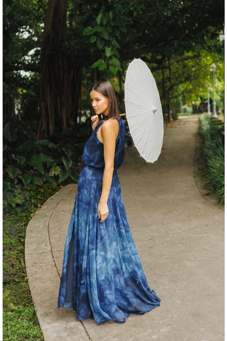 Tonal Floral Print Chiffon Gown, Alternate, color, NAVY/ BLUE