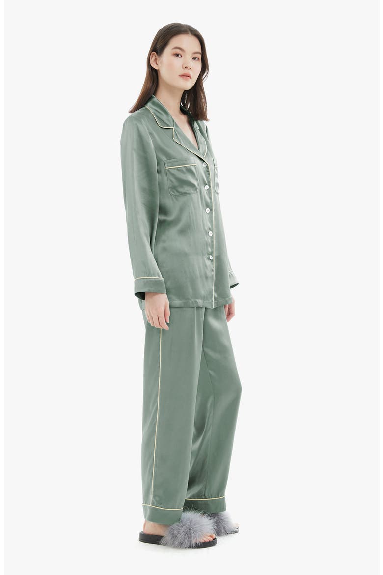 Women's Gold Piping Silk Pajamas Set, Alternate, color, Avocado Green