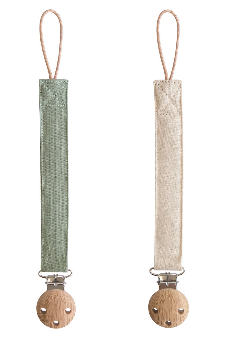 2-Pack Linen Pacifier Clips, Main, color, OLIVE/ SHIFTING SAND