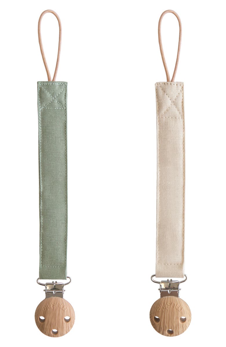 Mushie 2-Pack Linen Pacifier Clips, Main, color, Olive/ Shifting Sand