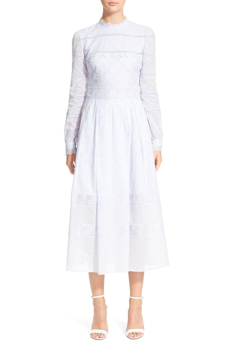 'Pru' Lace & Eyelet Cotton Midi Dress, Main, color, LAVENDER