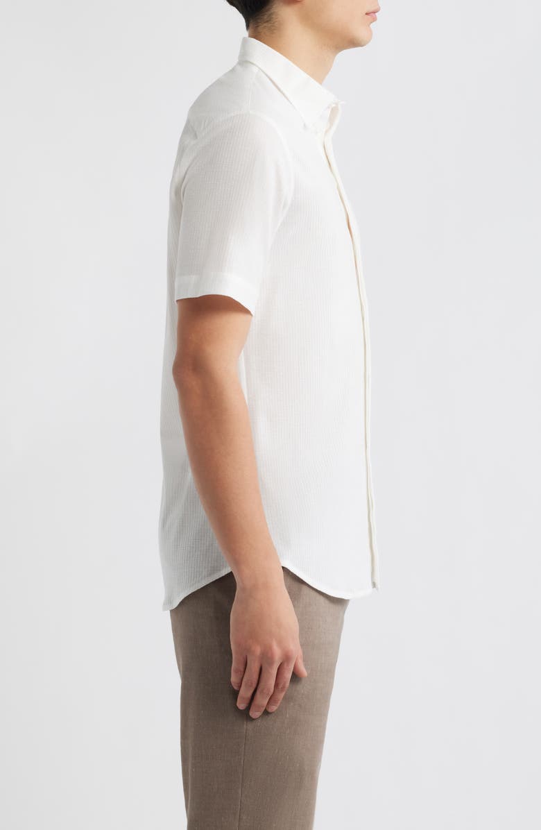 Emporio Armani Textured Stripe Short Sleeve Knit Cotton Button-Up Shirt, Alternate, color, Solid White